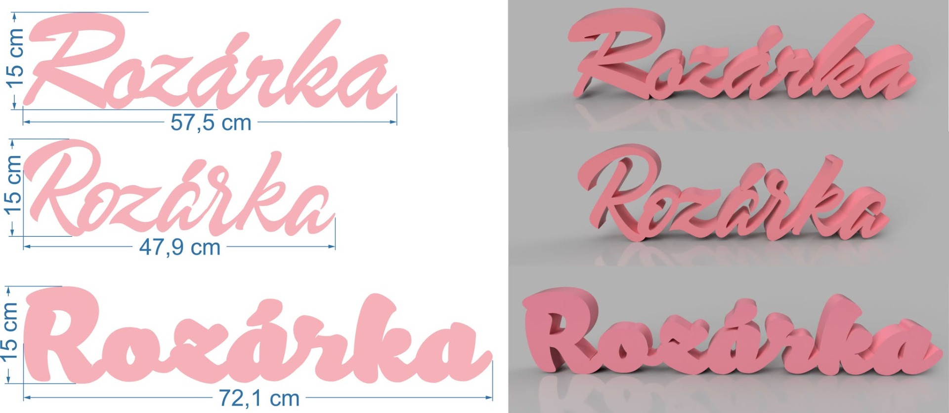 ✨ 3D vizualizace dekorativního nápisu se jménem Rozárka ✨  Ukázka moderního 3D nápisu na zeď nebo dekorace do dětského pokoje vyrobené na míru. Každý návrh připravujeme individuálně podle požadovaného jména, stylu písma i rozměru.  📏 Standardní výška v náhledu: 15 cm 📐 Možnost výroby i v jiných rozměrech, barvách a provedeních dle vašeho přání.  ✔️ 3D nápisy na zeď ✔️  Dekorace do dětského pokoje ✔️ Personalizované jmenovky ✔️ Výroba na míru  Vytvoříme originální 3D dekoraci přesně podle vašich představ – od malých jmenovek až po velké designové nápisy. 💕