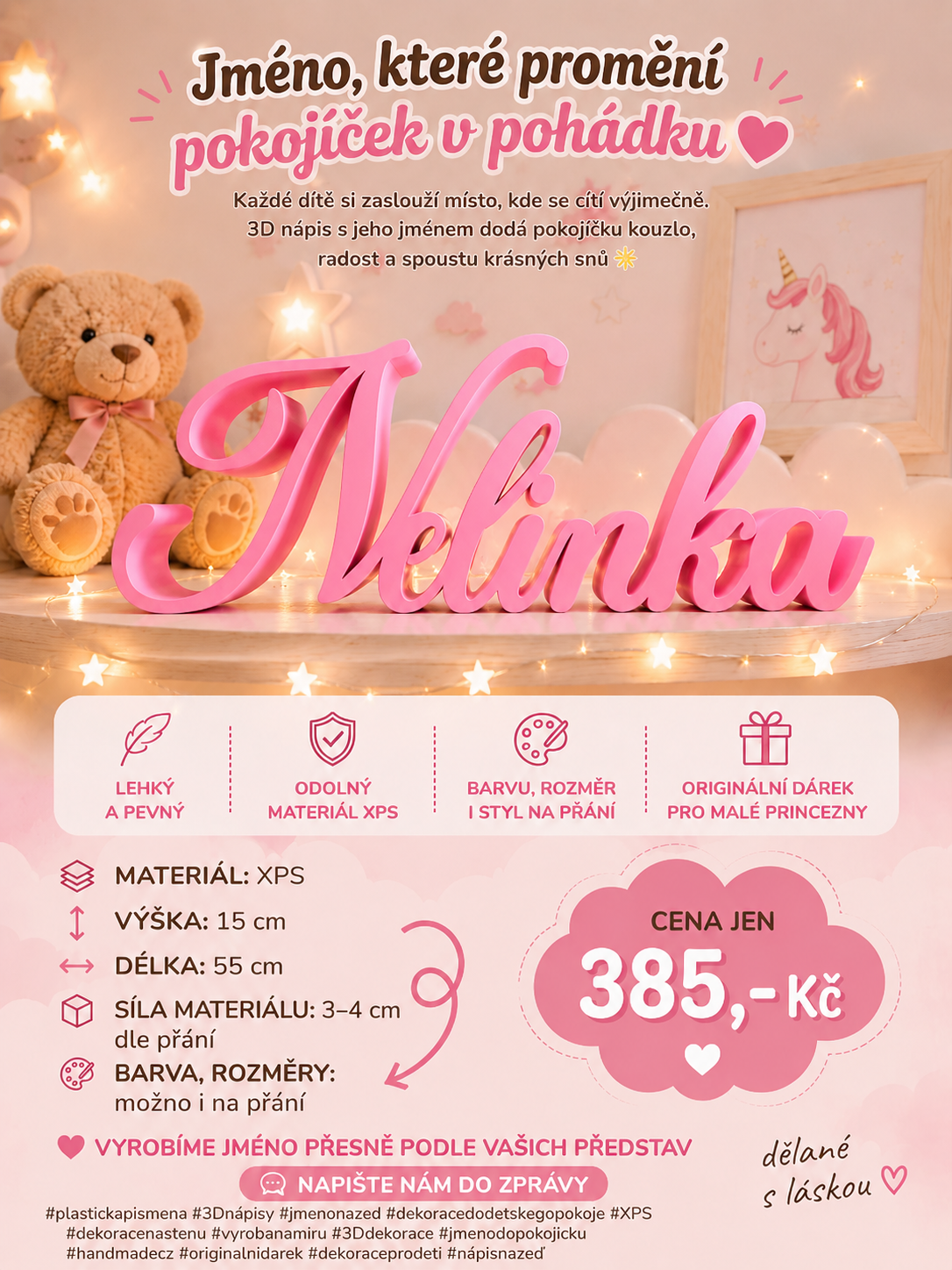 💖 Každé jméno může být originál… přesně podle vašich představ ✨  Ukázka ceny například u jména Nelinka 🌸 🪵 Materiál: XPS 📏 Výška: 15 cm 📐 Délka: 55 cm 💪 Síla materiálu: 3–4 cm dle přání 💸 Cena 385 Kč  🎨 Rozměry, styly i barvy vyrábíme kompletně na míru ✨ Moderní 3D nápisy do dětského pokoje, na stěnu i poličku 🌈 Možnost výběru z více variant designu 🖼️ Připravíme nezávazné náhledy a vizualizace před výrobou  Díky tomu si můžete vybrat přesně takový styl, který bude dokonale ladit s pokojíčkem i představami vašeho dítěte 💕  📩 Stačí napsat do zprávy jméno, barvu nebo styl — a my vytvoříme návrh jen pro vás.  #plastickapismena #3Dnápisy #jmenonazed #dekoracedodetskegopokoje #XPS #detskypokoj #dekoracenastenu #vyrobanamiru #3Ddekorace #jmenodopokojicku #vizualizace #originalnidarek #handmadecz #nápisnazeď #dekoraceprodeti