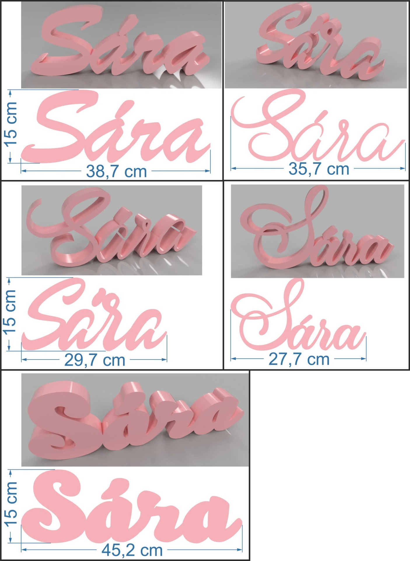 ✨ 3D vizualizace jména Sára – návrhy různých stylů písma ✨  Ukázka možností provedení personalizovaného 3D nápisu se jménem Sára. Každý model je vytvořen jako realistická 3D vizualizace pro lepší představu o výsledném vzhledu dekorace.  📏 Výška nápisů v náhledu: 15 cm 📐 Možnost výroby i v jiných rozměrech, tloušťkách, barvách a stylech písma dle vašeho přání.  💗 Vhodné jako: ✔️ dekorace do dětského pokoje ✔️ jméno na zeď ✔️ 3D nápis se jménem ✔️ personalizovaná dekorace ✔️ dárek k narození miminka ✔️ dekorace na míru  Vytváříme originální 3D jména z kvalitního materiálu přesně podle vašich představ. Vyberte si styl písma, velikost i barevné provedení a nechte si vyrobit jedinečný nápis do interiéru. ✨